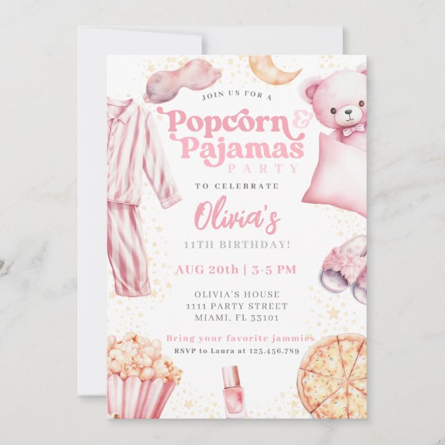 Invitation Popcorn Pajamas Sleepover Stwood Fête du bois d'oe (Devant)