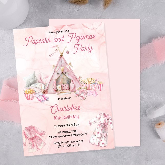 Invitation Popcorn rose et Pyjamas Swood fête d'anniversaire (Cute Pink Boho  Tent Girl's "Popcorn and Pajama's [Birthday] Party" Invitation)