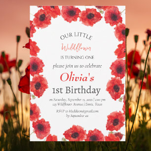 Invitation Poppies 1er premier anniversaire fille rouge flora