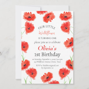 Invitation Poppies 1er premier anniversaire fille rouge flora