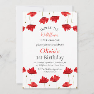 Invitation Poppies 1er premier anniversaire fille rouge flora