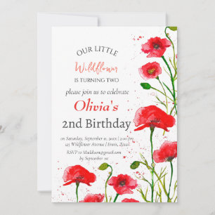Invitation Poppies 2e Fille d'anniversaire Fille Rouge Floral