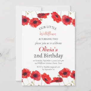 Invitation Poppies 2e Fille d'anniversaire Fille Rouge Floral