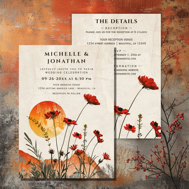 Invitation Poppies Boho Fleurs sauvages coucher de soleil tou (Poppies Boho Wildflowers Sunset All in One Wedding Invitation)