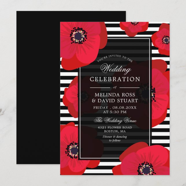 Invitation Poppies et tripes - Mariage noir et rouge (Devant / Derrière)