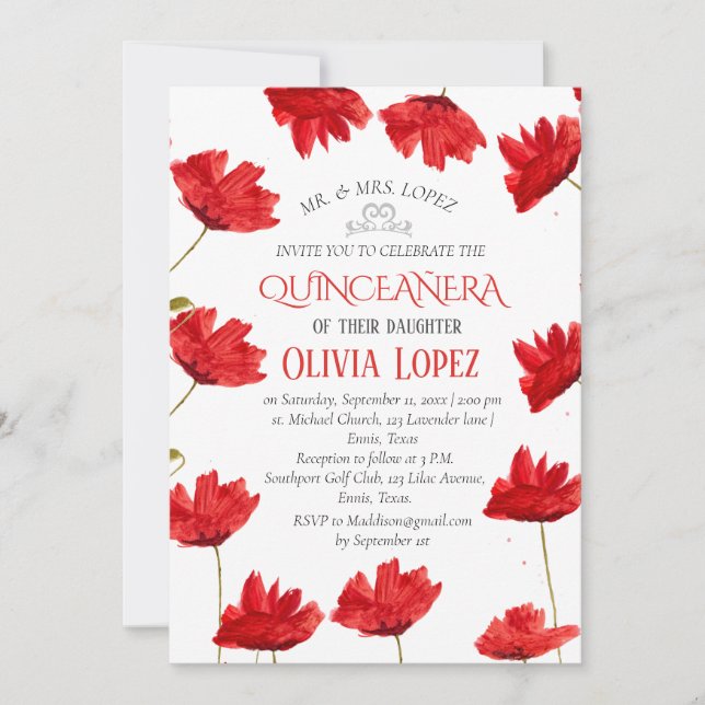 Invitation Poppies modernes Quinceañera Rouge Floral Annivers (Devant)