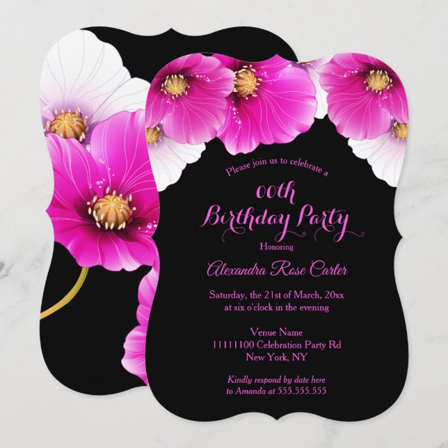 Invitation Poppies roses floral Noir fête d'anniversaire (Devant / Derrière)