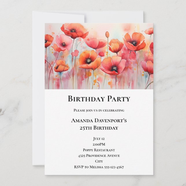 Invitation Poppies rouges dans un champ aquarelle Anniversair (Devant)