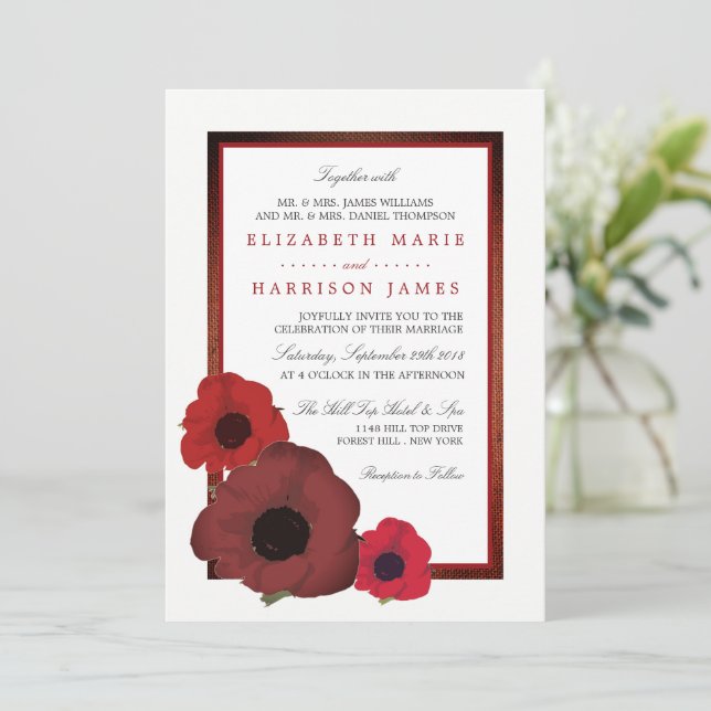 Invitation Poppies rouges et Mariage de Burlap (Debout devant)