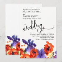 Poppies rouges, Iris pourpre Aquarelle Mariage mod