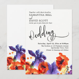 Invitation Poppies rouges, Iris pourpre Aquarelle Mariage mod