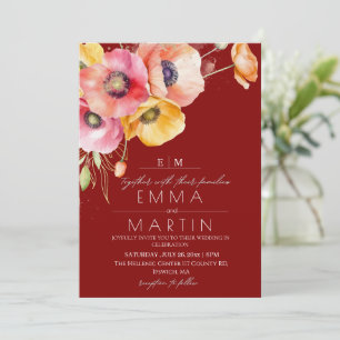 Invitation Poppies rouges marrons modernes Mariage floral