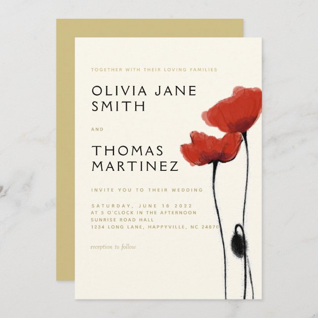Invitation Poppies rouges sauvages Gold Ecru Rustique Elégant (Devant / Derrière)