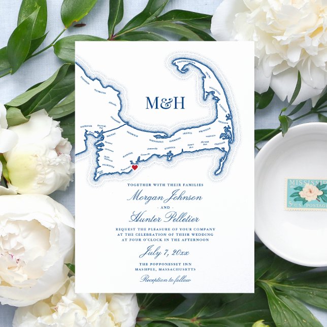 Invitation Popponesset Inn Cape Cod Map Mariage élégant (Cape Cod Map Invitation with heart over Popponessett Inn - you can move the heart!)