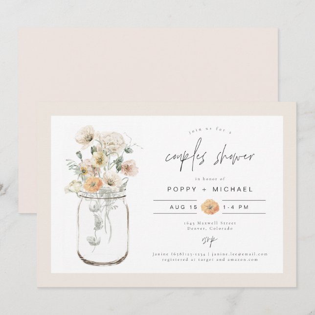 Invitation POPPY Rustic Fleur sauvage Mason Jar Couples Douch (Devant / Derrière)