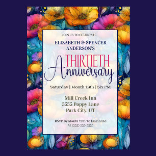 Invitation Poppy Vibrant Coloré 30e Anniversaire de Mariage