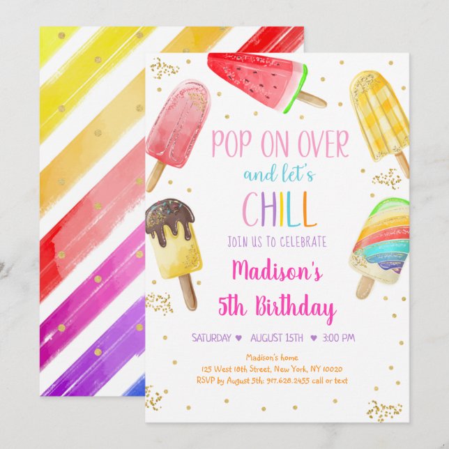Invitation Popsicle Rainbow Rose Gold Girl Anniversaire (Devant / Derrière)