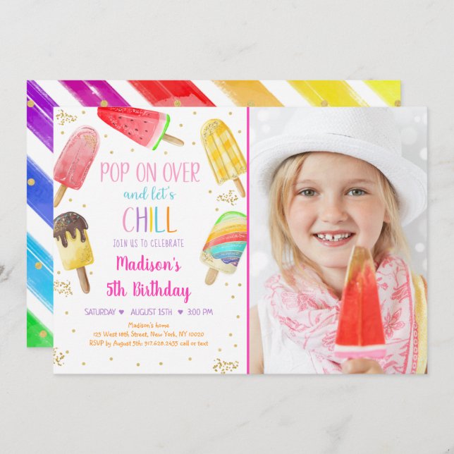 Invitation Popsicle Rainbow Rose Gold Girl Anniversaire (Devant / Derrière)