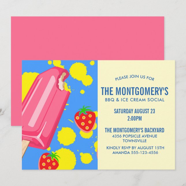Invitation Popsicle rose et fraises BBQ Party (Devant / Derrière)