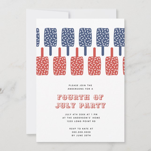Invitation Popsicles rouges et bleus modernes 4 juillet (Devant)