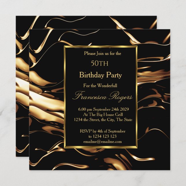 Invitation Populaire 50e anniversaire fête Gold Black Invitat (Devant / Derrière)