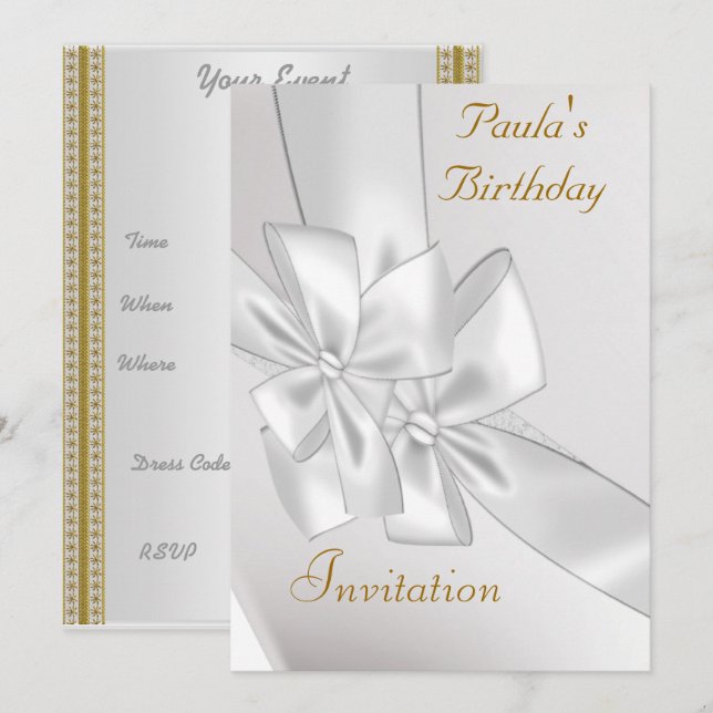 Invitation populaire d'anniversaire Ruban Blanc (Devant / Derrière)