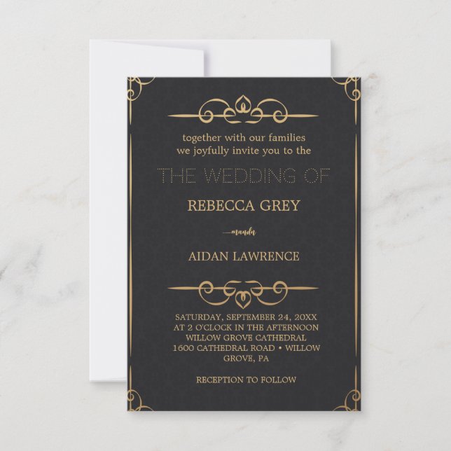 Invitation Populaire Elegant Black Gold Faux Foil Script Wedd (Devant)