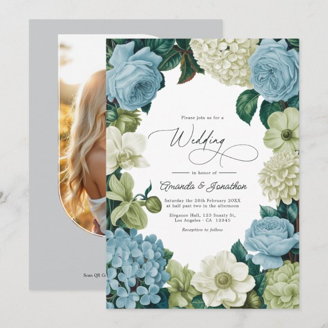 Invitation Porcelain Blue, Soft Sage & Ivory Wedding (Devant / Derrière)