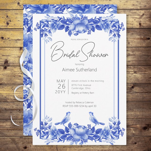 Invitation Porcelaine Florale Bleue et Blanche pour Mariage (Blue & White Floral Porcelain Bridal Shower Invitation)