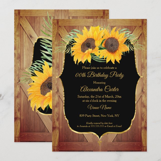 Invitation Porte de grange rustique tournesol Fête or noir (Devant / Derrière)