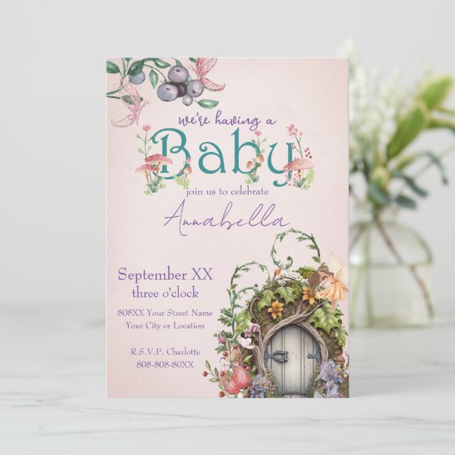 Invitation Porte de jardin arboré de forêt enchantée sur rose (Debout devant)