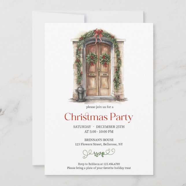 Invitation Porte en bois rustique avec décoration festive arc (Devant)