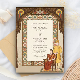 Invitation Porte en bois sculpté couple indien du sud mariage
