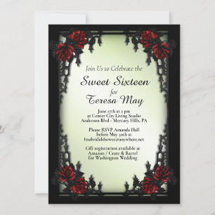 Invitation Porte en fer gothique rouge Rose Sweet sixteen
