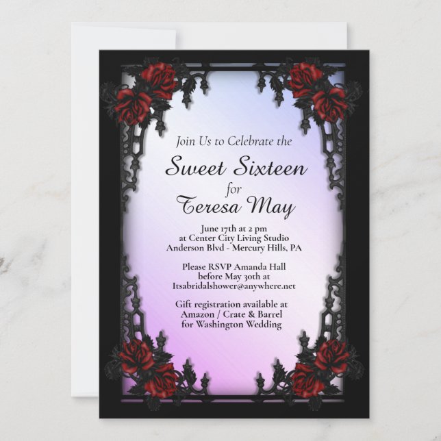 Invitation Porte en fer gothique rouge Rose Sweet sixteen (Devant)