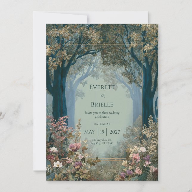 Invitation Porte forestière sarcelle Cadre doré Floral romant (Devant)
