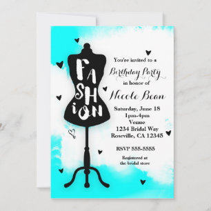 Invitation Porte-mannequin FASHION Aqua & Blanc avec coeurs