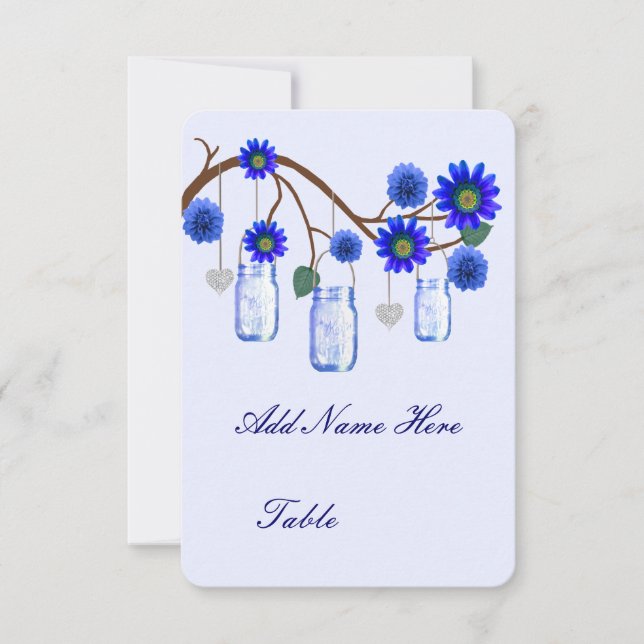 Invitation Porte-noms de table en pots Mason avec fleurs bleu (Devant)