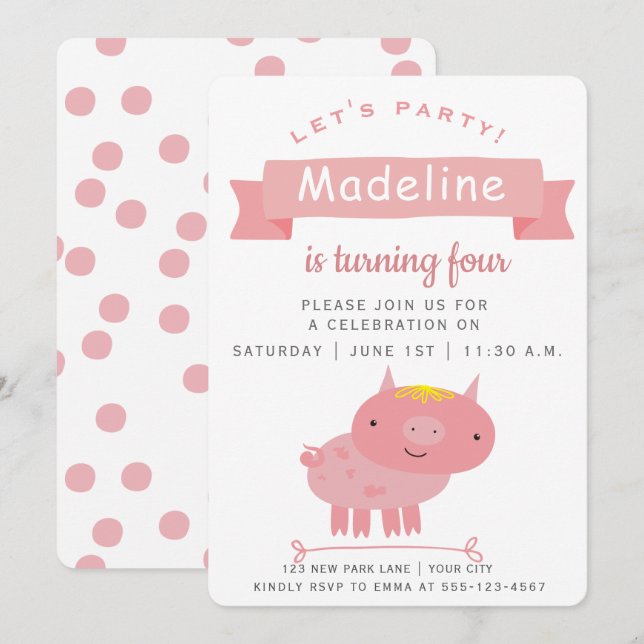 Invitation Porte rose mignon | Parti Anniversaire de enfant (Devant / Derrière)