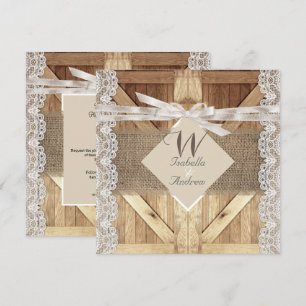 Invitation Porte Rustique Mariage Beige Blanc Dentelle Bois B