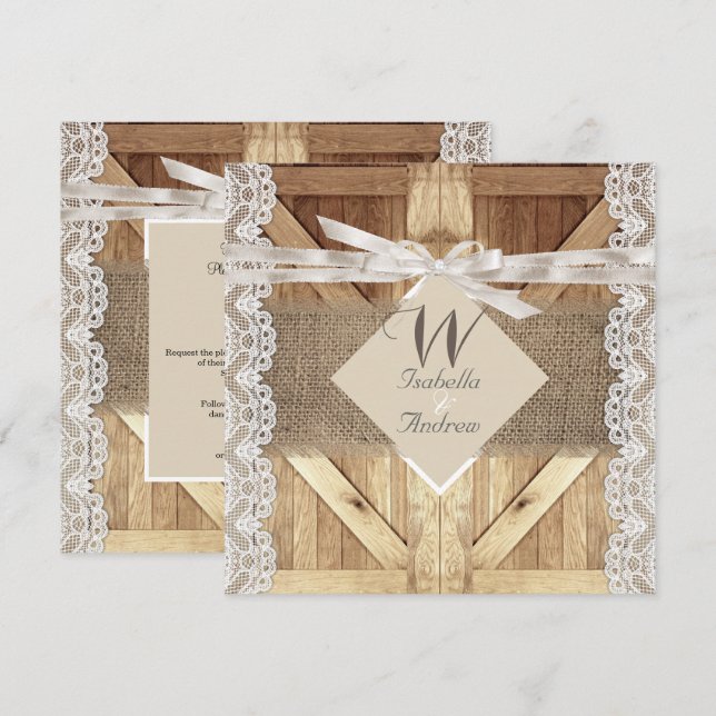 Invitation Porte Rustique Mariage Beige Blanc Dentelle Bois B (Devant / Derrière)