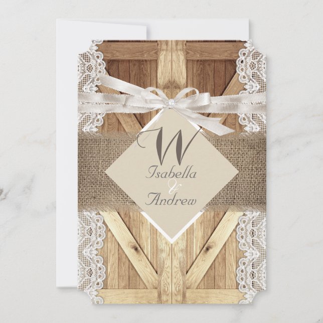 Invitation Porte Rustique Mariage Beige Blanc Dentelle Bois B (Devant)