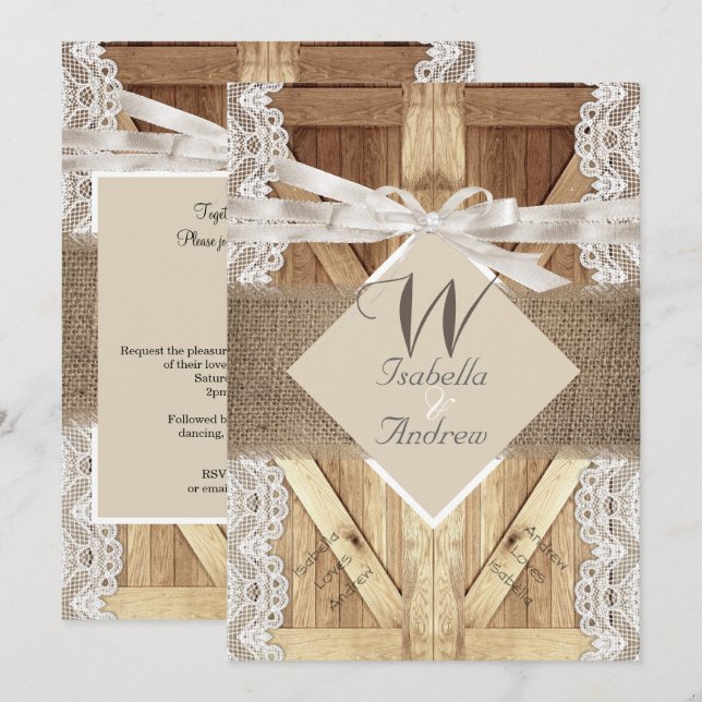 Invitation Porte Rustique Mariage Beige Blanc Dentelle Bois B (Devant / Derrière)