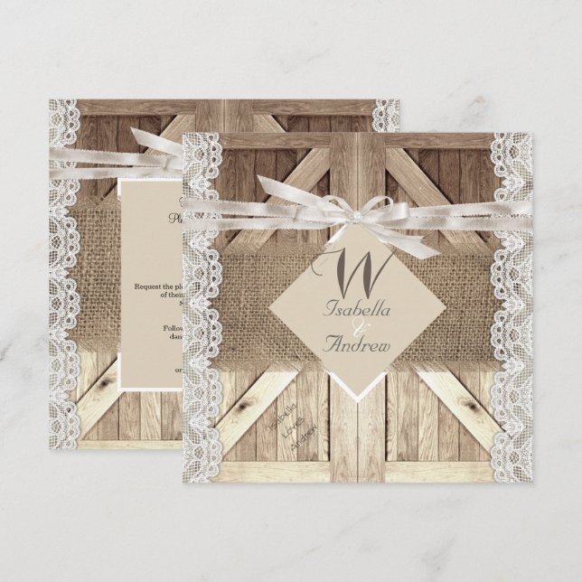 Invitation Porte Rustique Mariage Beige Dentelle Bois Burlap  (Devant / Derrière)