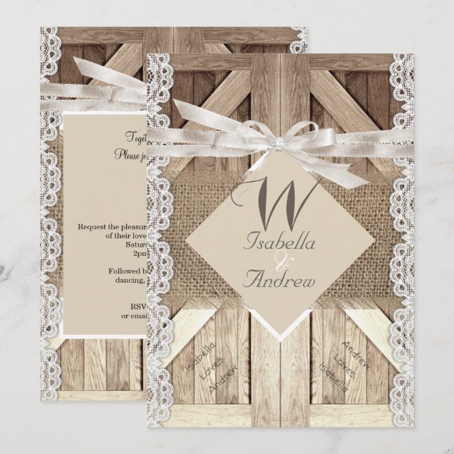 Invitation Porte Rustique Mariage Dentelle Bois Burlap Écritu (Devant / Derrière)