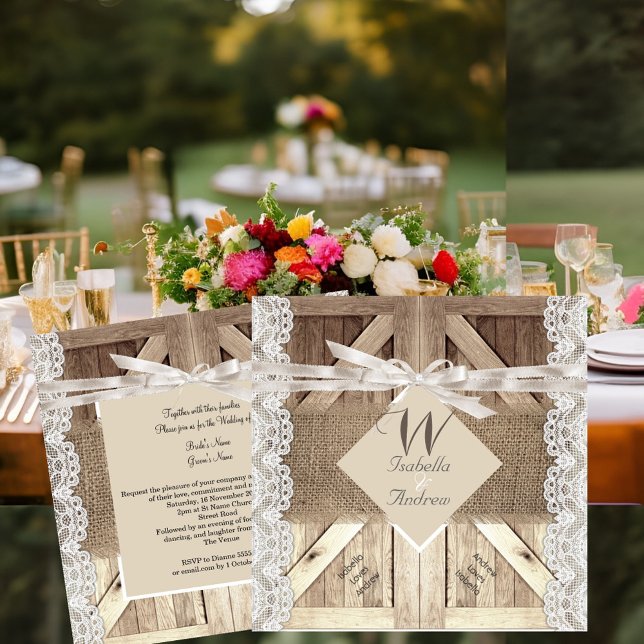 Invitation Porte Rustique Mariage Dentelle Bois Burlap Écritu (Créateur téléchargé)