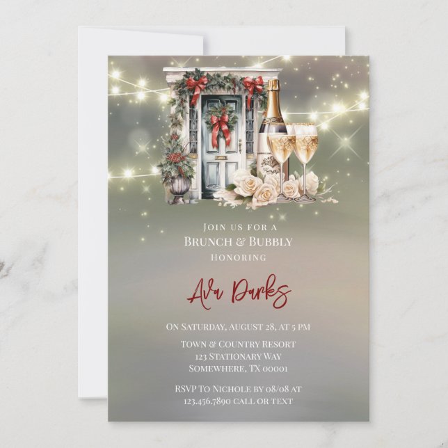 Invitation Porte vert rouge Berry Décor Lumière Brunch & Bubb (Devant)