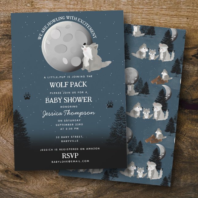 Invitation Portée de loups mignons sous la lune de la forêt d (Cute Wolf Pack Woodland Moon Howling Baby Shower Invitation)