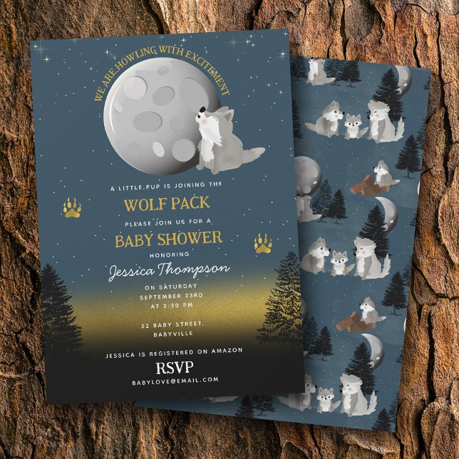 Invitation Portée de loups mignons sous la lune des bois pour (Cute Wolf Pack Woodland Moon Howling Baby Shower Invitation)
