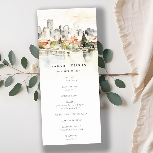 Invitation Portland Oregon Skyline Watercolor Wedding Program (Créateur téléchargé)